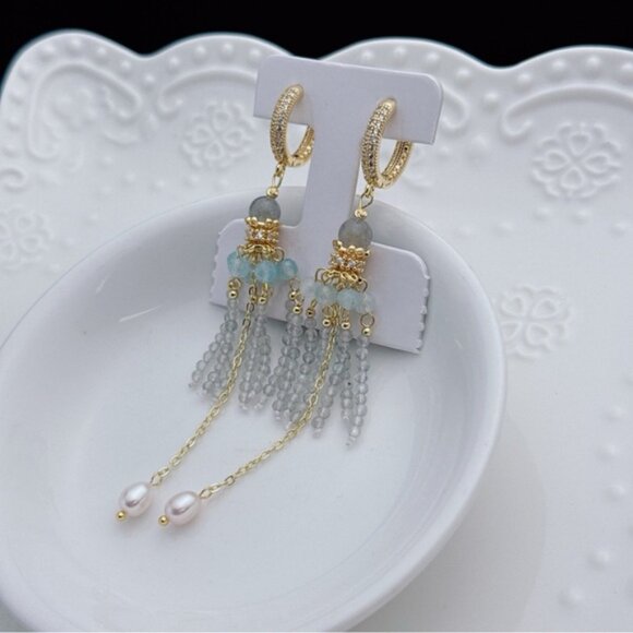 E100 Handmade Freshwater Pearl Aqua Marine  Labradorite Earrings - Picture 3 of 4